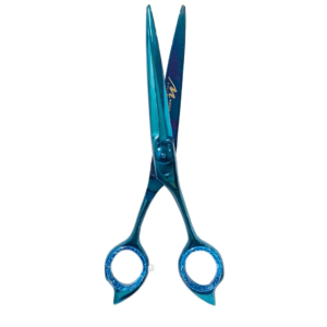 Professional metallic teal-blue barber shears, partially opened and standing vertically on a pure white background. The visible right blade features the 'MASC' brand logo with a cursive 'M' in gold script text. The finger rests (finger inserts) within the handle rings display an intricate, detailed pattern, presenting a high-quality product