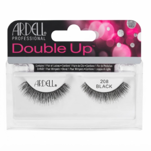 Packaging for Ardell Professional Double Up 208 Black false eyelashes, featuring one pair of voluminous, densely layered black lashes in a clear tray against a pink and purple bokeh background.