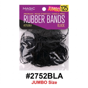 Magic Collection brand (ITEM #2752AST) "125 Jumbo Rubber Bands" in assorted colors. The retail packaging features a purple header card with the "MAGIC" logo, a photo of a woman with curly hair on a red background at the top, and displays a cluster of multi-colored rubber bands below in a clear plastic bag. The card sits centered against a pure white background, with the code "#2752AST" and "JUMBO Size" text directly beneath it.