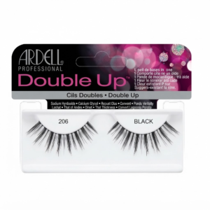 Packaging for Ardell Professional Double Up 206 Black false eyelashes, featuring two pairs of voluminous, crisscrossed black lashes on a white tray against a pink and purple bokeh background