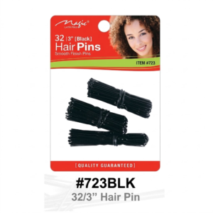 Magic Collection brand (ITEM #723) retail card packaging containing 32 black 3-inch smooth-finish hair pins. The red top section shows the brand logo, smiling woman portrait, "32 | 3" [Black] Hair Pins