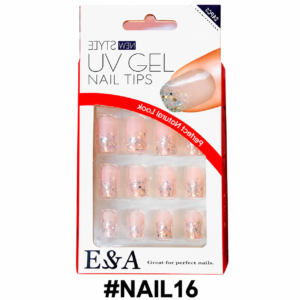 E&A UV Gel Nail Tips press on nails with glitter design (#NAIL16) packaging on a pure white background
