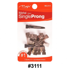 Yeh Magic Collection brand (Item NO. 3111) ke 12 dhaati (metal) single prong hair clips ka aik retail pack ha