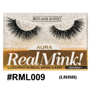 ackaging for Aura Real Mink! #RML009 Lavish false eyelashes. A detailed, clear view of the product, featuring two fluffy, multi-layered black mink lashes inside a shimmering clear tray against a metallic gold base, presented on a pure white background