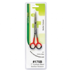 A retail package containing a pair of 7-inch barber scissors from the "beauty icon" brand