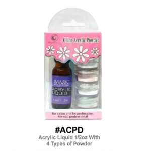 Professional acrylic nail kit (Item #ACPD) in a clear retail package with pink floral branding that reads 'Color Acrylic Powder'. The set includes an amber bottle of IMAGIC Professional Acrylic Liquid (1/2 oz) with a purple label, alongside four stacked pots of acrylic nail powders, centered on a pure white background
