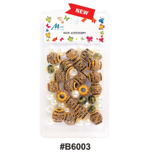 A centered product photograph of a clear blister pack containing an assortment of hair beads