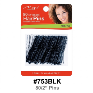 Magic Collection brand retail card packaging containing 80 black 2-inch smooth-finish hair pins[cite: 1, 2]. The red top header features a photograph of a smiling woman with styled hair, the [cite: 80-count] number, [cite: "Black"] color description