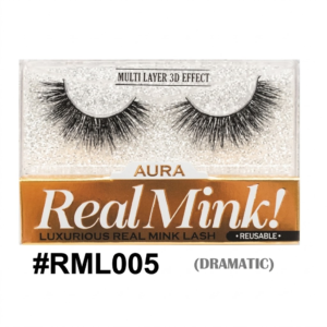 Aura Real Mink! #RML005 'Dramatic' false eyelash packaging, featuring multi-layered 3D effect black lashes in a clear case with a silver glitter tray and gold base, reusable