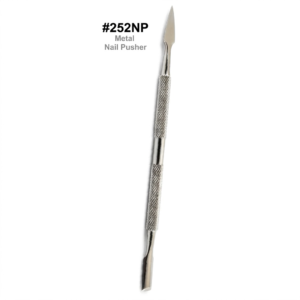 A high-quality, professional product photograph of a double-ended stainless steel metal nail pusher, positioned centrally against a pure white background