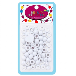 Retail blister pack of 'Beauty Collection Magic' hair accessories (Item #B200W1), featuring a card header with colorful bead graphics and a logo. The package contains a clear plastic container filled with approximately 60 solid white barrel-shaped hair pony beads, all on a light blue-bordered card. Placed within the beads is a white plastic beader tool with a heart-shaped handle and two loops