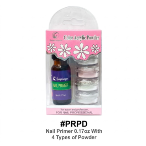 Professional acrylic nail set (Item #PRPD) in clear hanging retail packaging with pink floral 'Color Acrylic Powder' header branding. Features a bottle of Jungasungwa Nail Primer (5ml/0.17 oz) alongside a vertical stack of four round pots containing acrylic powders, centered on a pure white background