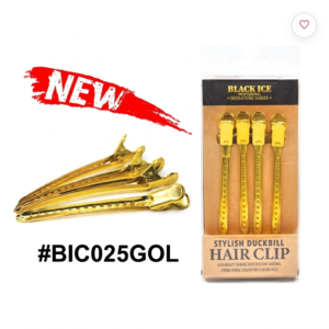 Black Ice Professional stylish duckbill hair clips (Item #BIC025GOL) in metallic gold finish. Displayed on a pure white background featuring a 4-pack blister retail packaging alongside a loose stack of gold sectioning clips