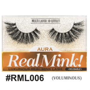 One pair of multi-layered Real Mink lashes (Style #RML006, Voluminous) is displayed on a gold textured background inside a clear case. Product text, including "AURA" and "LUXURIOUS REAL MINK LASH" with "REUSABLE" badge, is printed on the gold section.
