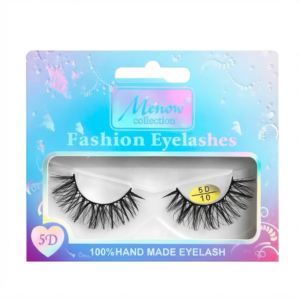 : Menow collection Fashion Eyelashes packaging, featuring a pair of 5D 10 style false eyelashes in a blue and purple holographic box with a heart emblem and "100% HAND MADE" text, presented on a pure white background