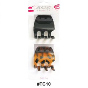 Magic Quality retail card pack (Item #TC10) displaying a 2-piece set of medium hair claw clips, centered on a pure white background. The top clip is solid glossy black, while the bottom clip features an amber and black tortoiseshell (leopard) pattern. The packaging includes the red and pink 'MAGIC QUALITY' header logo at the top and '#TC10' printed at the bottom.