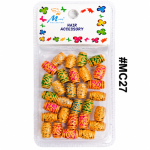 #MC27 colorful gold cylindrical hair accessory beads pack in clear packaging on white background