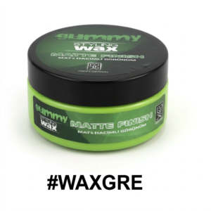 Alt Text (English): A centered, three-quarter angle product photograph of a Gummy Styling Wax Matte Finish jar[cite: 31, 32]. The cylindrical jar is bright lime-green with a black screw-on lid[cite: 31, 32]. The front label features the dark green 'gummy' logo and 'STYLING WAX' below it, alongside grey and white text that reads 'MATTE FINISH' and 'MAT & HACİMLİ GÖRÜNÜM'