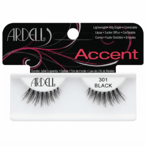 Packaging for Ardell Accent 301 Black false eyelashes, featuring a pair of natural-looking, flared black accent lashes in a clear tray against a black header card with pink swirls and red "Accent" text.