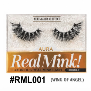 Alt Text: Aura Real Mink! false eyelash packaging, model #RML001 'Wing of Angel', showing one pair of fluffy, multi-layered 3D mink lashes in a clear tray against a gold glitter background, with product details in black text.