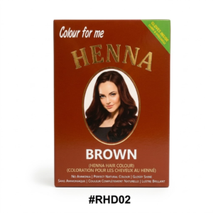 A professional product photograph of a rich brown hair color box from the brand "Colour for me Henna" (#RHD02). The deep reddish-brown box features gold and white text and displays an oval-framed portrait of a woman with long, glossy, rich brown wavy hair. The bottom of the box highlights key product benefits, including "No Ammonia," "Perfect Natural Colour," and "Glossy Shine," written in both English and French. The image is set against a pure white background.