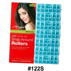 Magic Collection brand (ITEM #122M) retail pack of "5/8" | 14 Pack - Blue Snap-Around Rollers" in medium size. The packaging features a red header with white script text for "Magic MADE BY" and a photo of a woman with black hair displaying medium rollers. Below the header, a green strip lists details including a descriptive bulleted list[cite: 17, 18, 19, 20]. On the right, a set of light blue, basket-weave plastic snap-around rollers is partially visible[cite: 17, 18, 19, 20]. At the bottom of the card, on a red bar with white text, it reads "[QUALITY GUARANTEED]"[cite: 17]. Centered directly below the entire packaging card on the pure white background is the larger, bold black