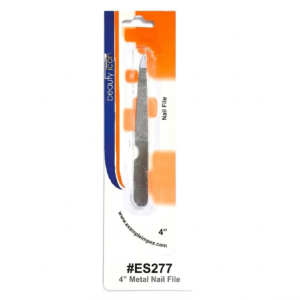 A product shot of a 4-inch metal nail file, enclosed in its original retail packaging, centered against a seamless white background. The packaging features a clear plastic blister over the file on a white card with blue and orange accents. Text on the packaging includes the brand "beauty icon" on the left blue panel, "4'' Metal Nail File" at the bottom, the stock number "#ES277