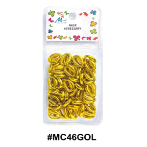 A centered product photograph of a clear blister pack containing metallic gold cowrie shell hair