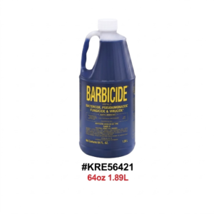 Large blue plastic jug of Barbicide disinfectant solution with a white screw cap and an integrated handle
