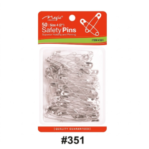Magic Collection brand (ITEM #351) "50 | Size 4 (2") Safety Pins" for superior holding and pinning. The retail packaging card features a red background with white script text at the top, and a cluster of silver metal safety pins are visible below in a clear plastic blister pack[cite: 17, 18, 19, 20]. The card is centered against a pure white background with "[QUALITY GUARANTEED]" and the code "#351" printed at the bottom