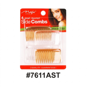 Magic Collection brand retail card (ITEM #7611AST) of "4 Small - Assorted Side Combs". The packaging features a red header with white script text for "Magic COLLECTION" and white text details for the combs. On the right, a photograph of a woman with black hair is displayed. The central transparent blister pack holds four small side combs arranged in a 2x2 grid. The top pair consists of two tortoiseshell combs, and the bottom pair consists of two clear, translucent combs. At the bottom of the card, on a red bar with white text, it reads "[QUALITY GUARANTEED]". Centered directly below the entire packaging card on the pure white background is the larger