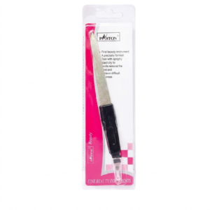A centered product photograph of a blister-packaged dual-ended metal nail file and cuticle pusher on a pure white background.