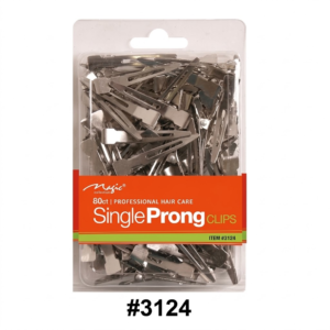 Ek square image jismein professional hair care clips ke blister pack ko center mein dikhaya gaya hai. Pack ke andar dher saare silver-colored metal ke single prong clips hain. Pack par ek orange label laga hai jiske beech mein white text mein 'Magic collection