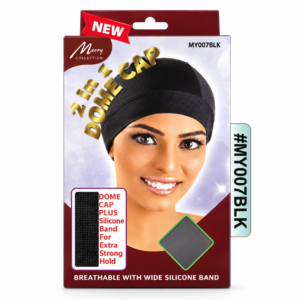 Merry Collection 2-in-1 black dome cap with wide silicone band for extra strong hold, breathable wig cap packaging.