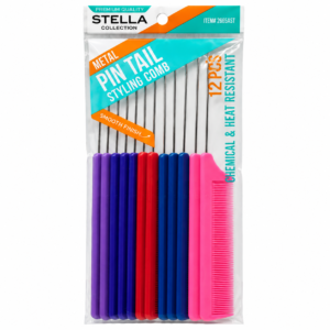 Stella Collection Metal Pin Tail Styling Comb #2665AST — 12pcs Pack Assorted Colours