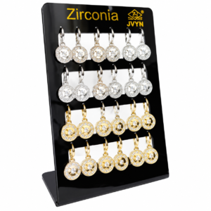 Zirconia jewelry display stand with gold and silver round crystal earrings on black acrylic holder