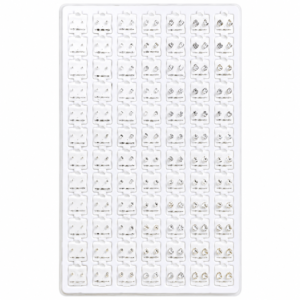 White earring display tray with multiple rows of crystal stud earrings on white jewelry cards