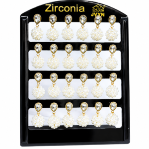 Zirconia black jewelry display stand with pearl cluster drop earrings and crystal teardrop stones