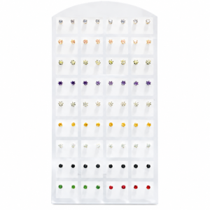 White jewelry display card with colorful gemstone stud earrings arranged in a grid pattern