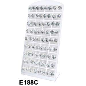 White acrylic jewelry display stand with rows of clear square zirconia crystal stud earrings