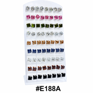 White acrylic jewelry display stand with colorful square zirconia crystal stud earrings collection