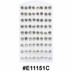 White jewelry display card with rows of round crystal rhinestone stud earrings