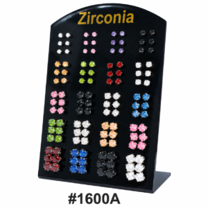 Zirconia earring display stand with colorful gemstone stud earrings on a black board with #1600A label