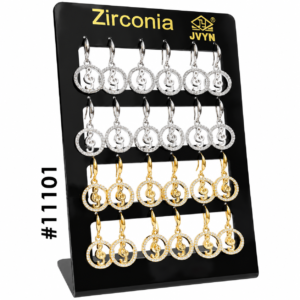 Zirconia treble clef earrings display stand with silver and gold crystal earrings on black board #11101