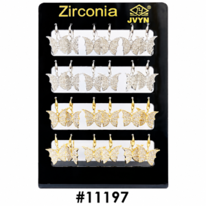 Zirconia butterfly earrings display stand with silver and gold crystal butterfly earrings on black board