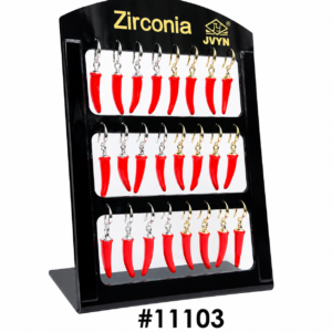 Zirconia red chili shaped drop earrings display stand with silver and gold hooks on black board #11103