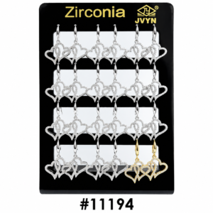 Zirconia double heart crystal earrings display stand with silver and gold heart-shaped earrings on black board #11194
