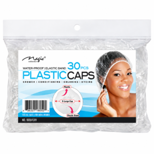 Magic Collection 30 PCS waterproof plastic shower caps in transparent resealable pouch with elastic band, large size disposable caps for shower, conditioning, coloring and hair protection