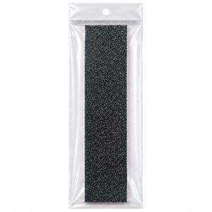 Clear plastic hanging pouch containing a black textured abrasive strip, displayed vertically on a pure white background for a clean product showcase.