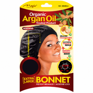 Magic Collection Organic Argan Oil Extra Large Black Bonnet packaging with a woman wearing a black satin bonnet, argan oil design elements, and product features displayed on a yellow and burgundy card.